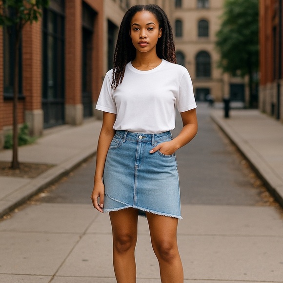 Inc International Concepts | Denim Frayed Trim Tulip Hem Skirt Indigo Size 14 - Picture 1 of 16